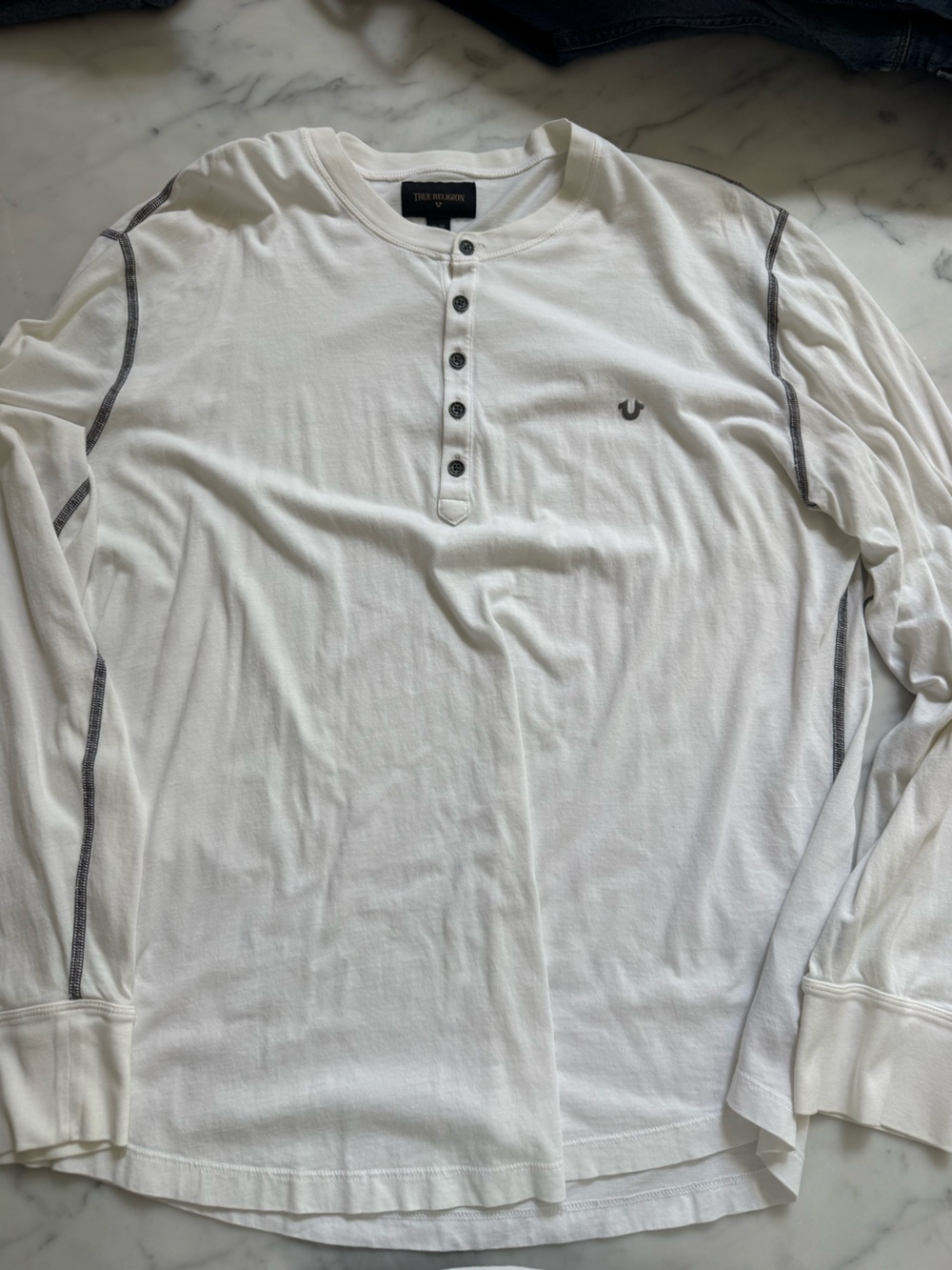 True Religion Men's White Long Sleeve Henley with Contrast Stitch